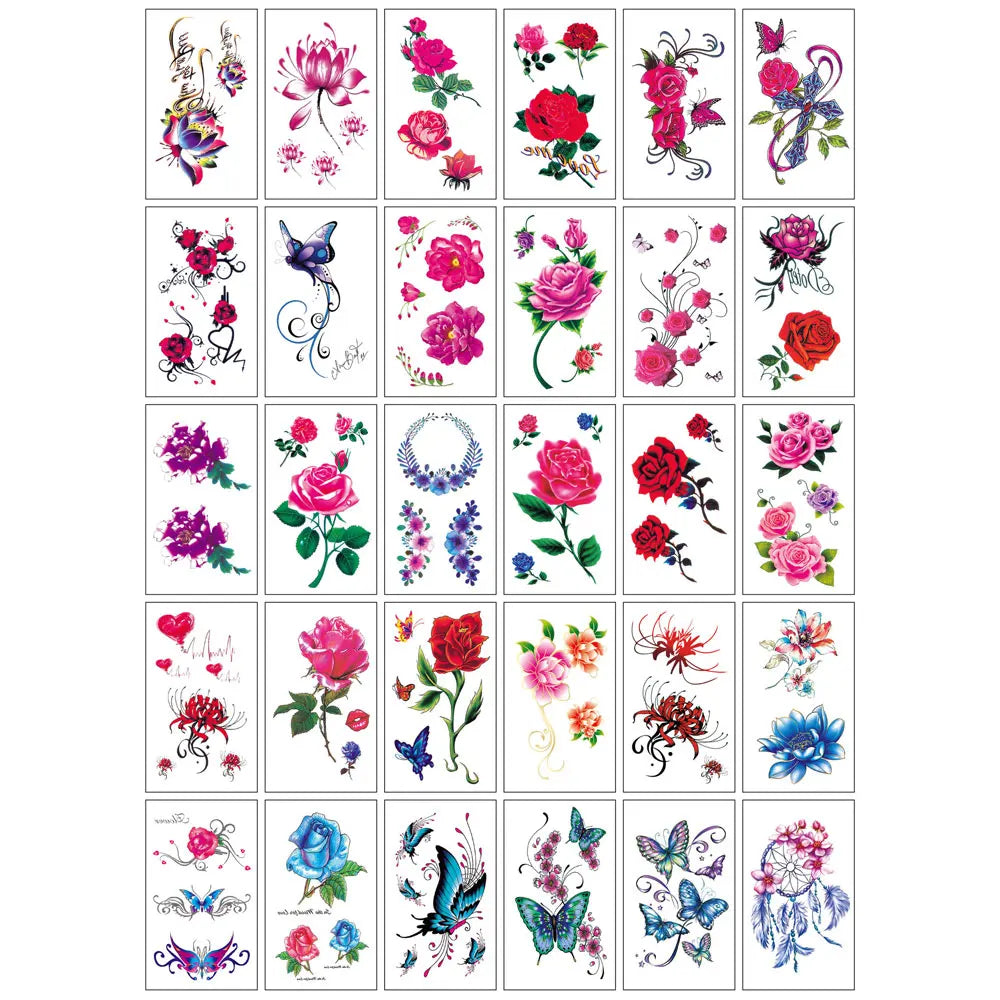 A grid of 30 temporary body art stickers featuring various floral and nature designs in pink, red, purple, and blue.