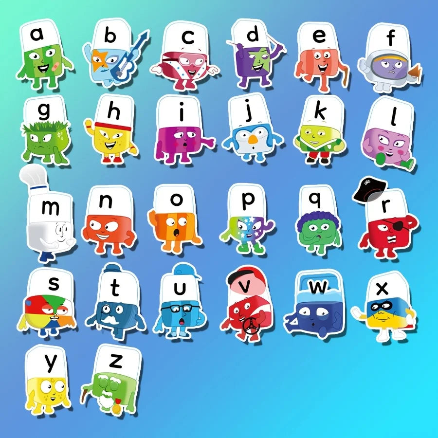 A colorful set of 26 alphabet magnets shaped like letters from A to Z for fridge and whiteboard