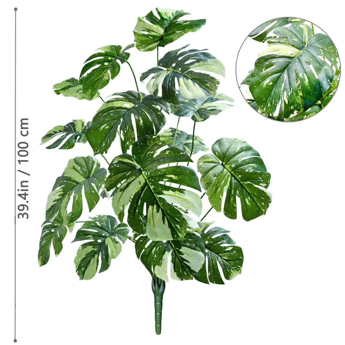 A lush artificial monstera plant with large green silk leaves shown in full view and a close-up detail.