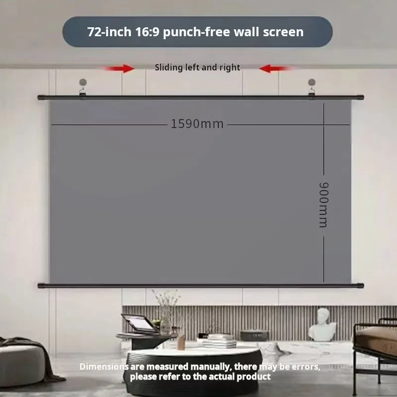 A 72-inch 16:9 punch-free wall screen is shown mounted on a wall, with dimensions marked.