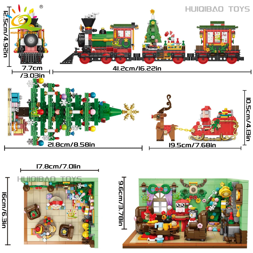 A set of Christmas advent calendar building blocks featuring Santa, a decorated tree, and a train model.