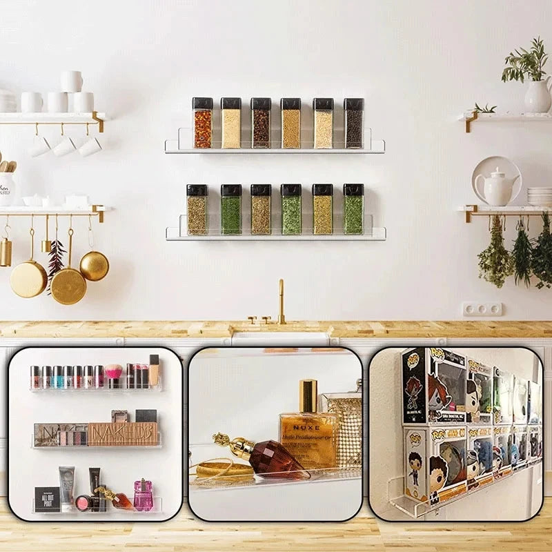 Clear acrylic floating shelf with wall mount displaying various cosmetic and skincare products.