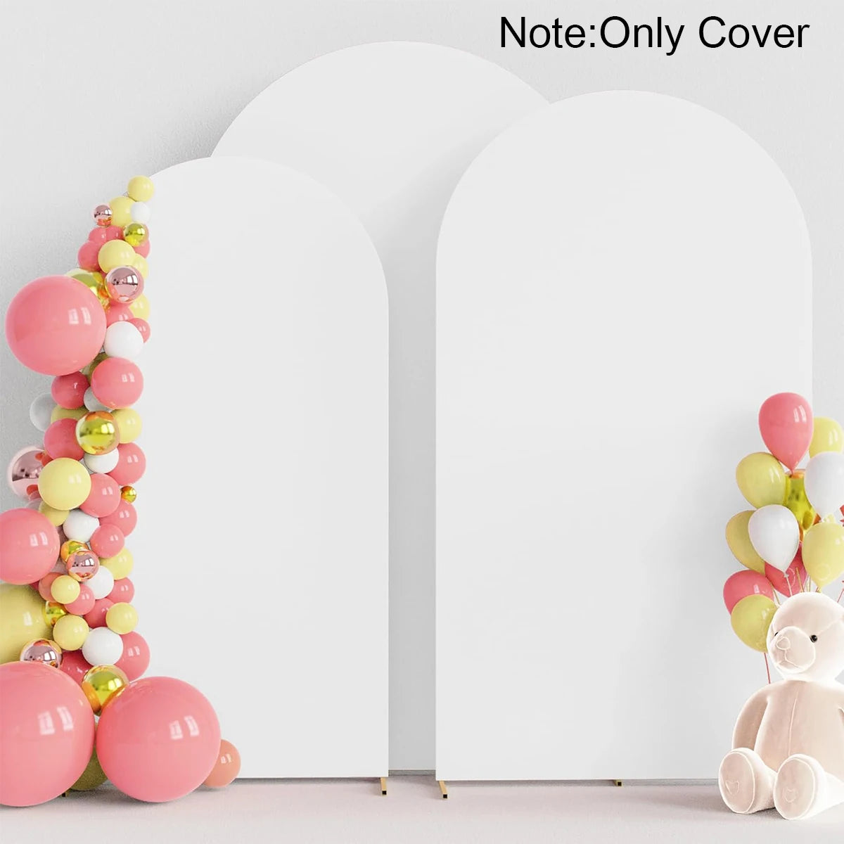 A white wedding arch cover decorated with pink and yellow balloons and pink teddy bears.