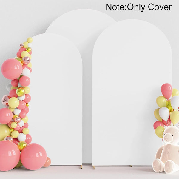 A white wedding arch cover decorated with pink and yellow balloons and pink teddy bears.