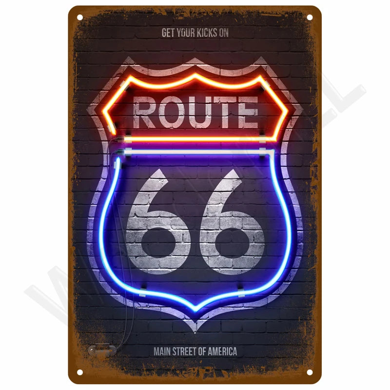 A vintage retro metal wall sign featuring the number 66 and the word ROUTE in neon-style lighting on a dark brick background.