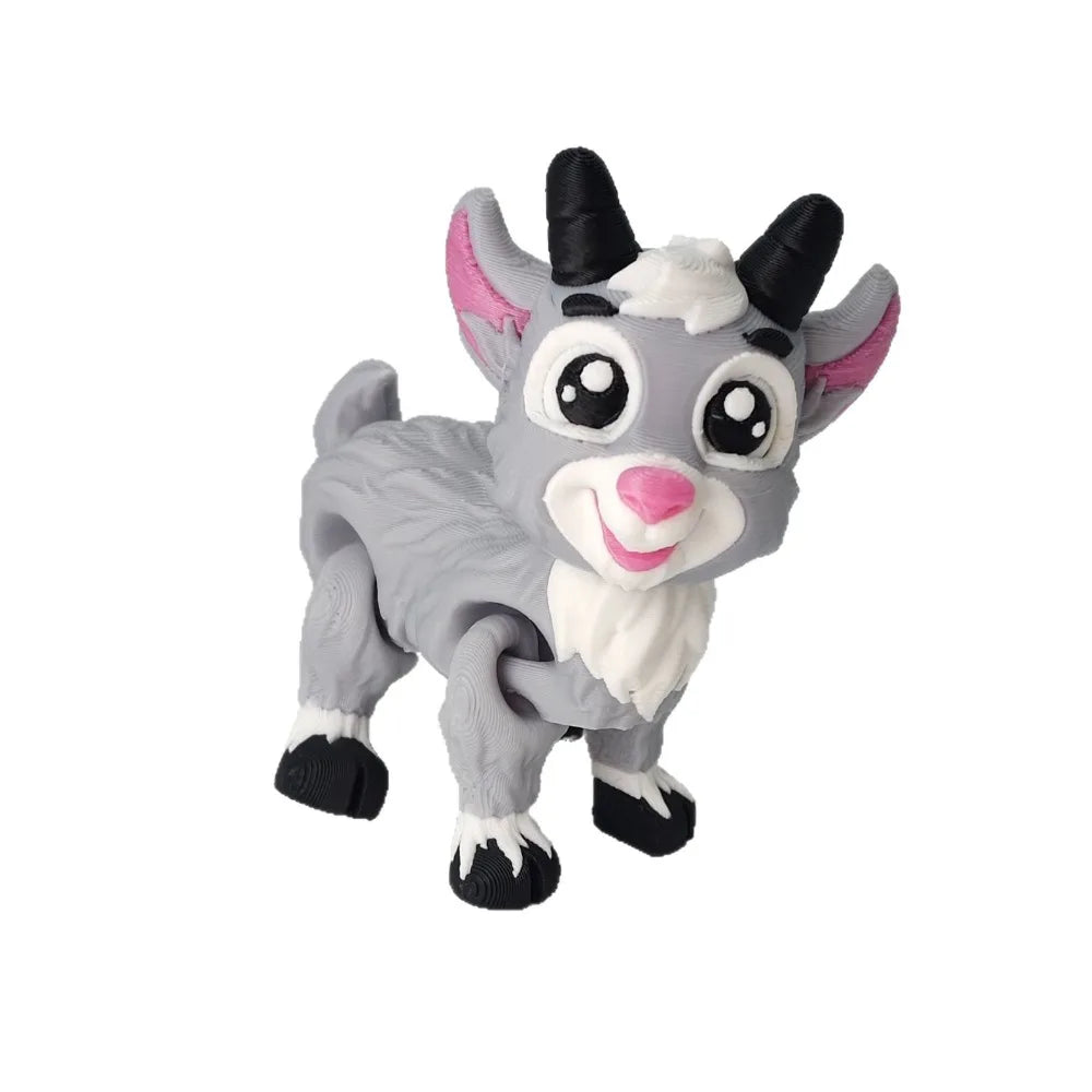 A gray 3D printed goat figurine with pink accents and movable joints.