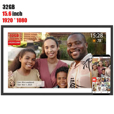 A digital photo frame displaying a family portrait, showing a woman and two children smiling.