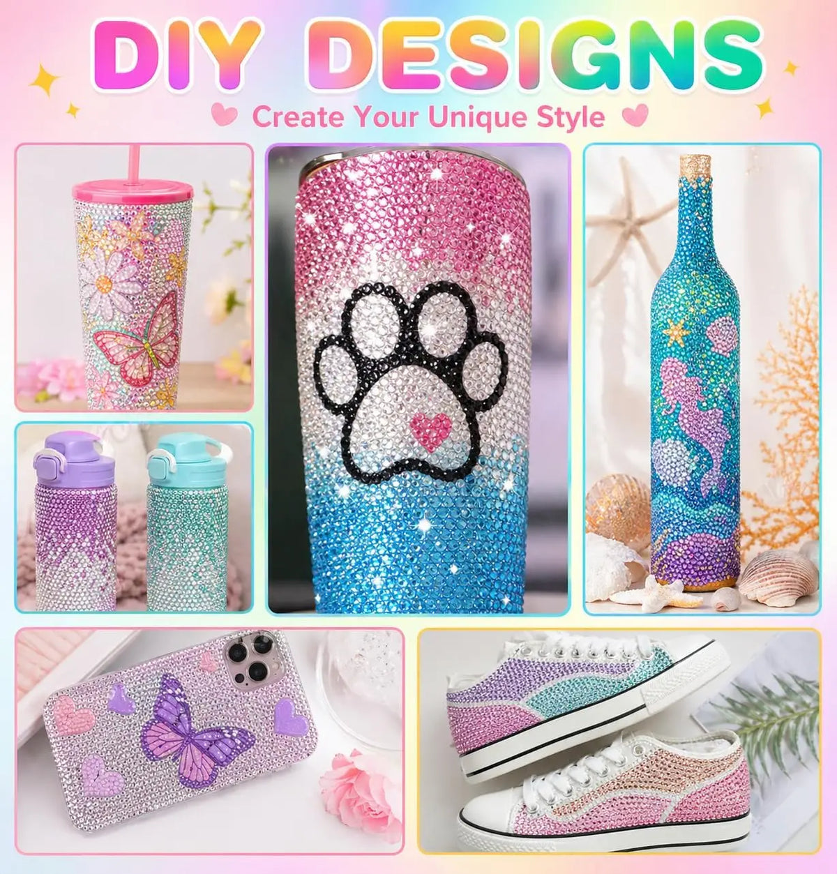 DIY designs featuring glittery pink and blue resin items including a tumbler, phone case, and sneakers