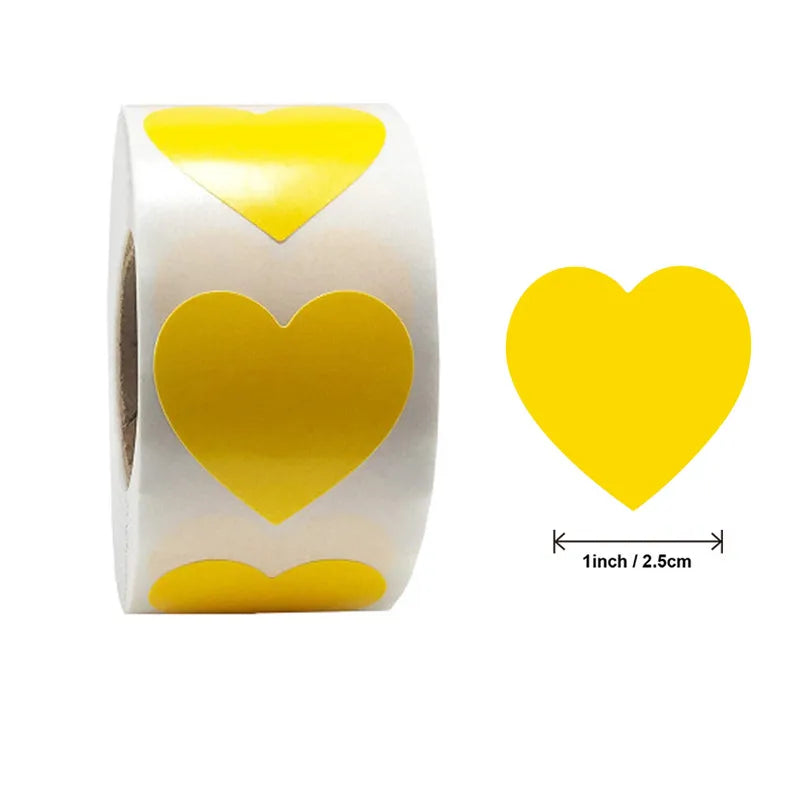 Roll of heart-shaped yellow seal stickers for crafting and packaging
