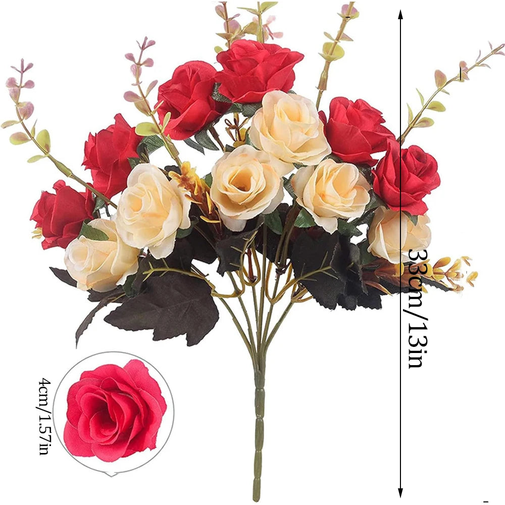 A bouquet of artificial silk roses in shades of red and cream on a stem.