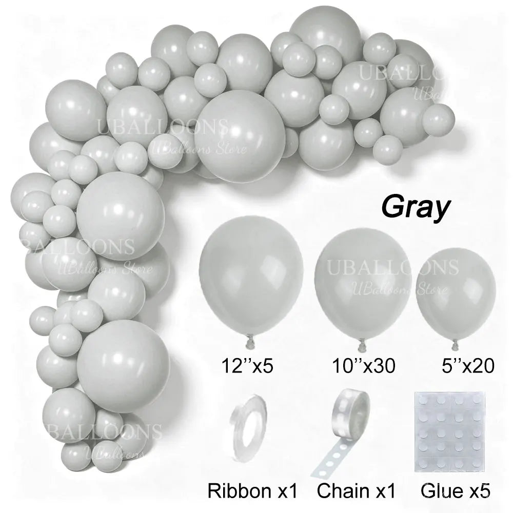 Gray latex balloon garland kit featuring various sizes of balloons, ribbon, chain, and glue.
