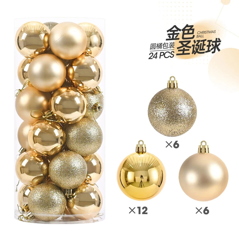 A set of 24 gold and bronze Christmas ball ornaments for holiday decoration.