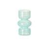 A light blue, round glass flower vase with a wide mouth and a pedestal base.