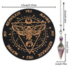 A round black wooden pendulum board featuring a gold-colored butterfly design and text options like YES or NO.