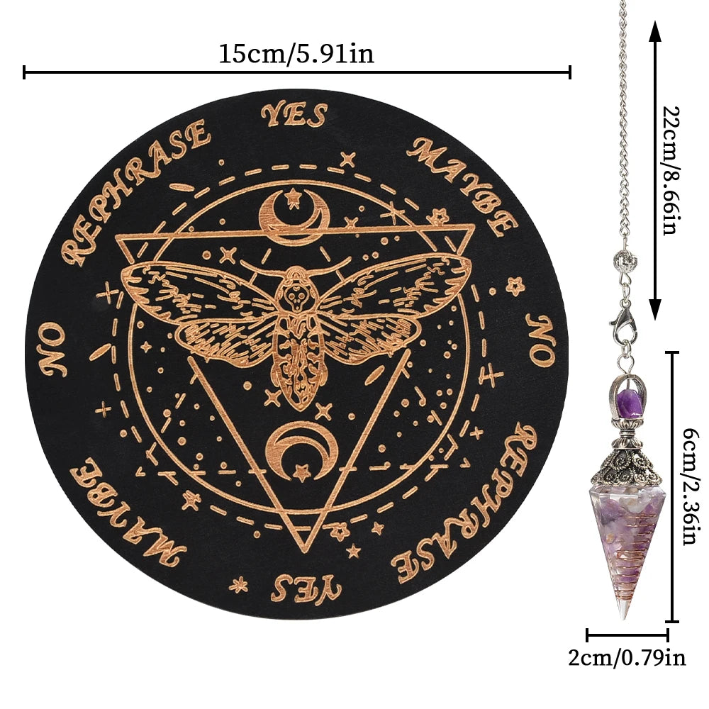 A round black wooden pendulum board featuring a gold-colored butterfly design and text options like YES or NO.