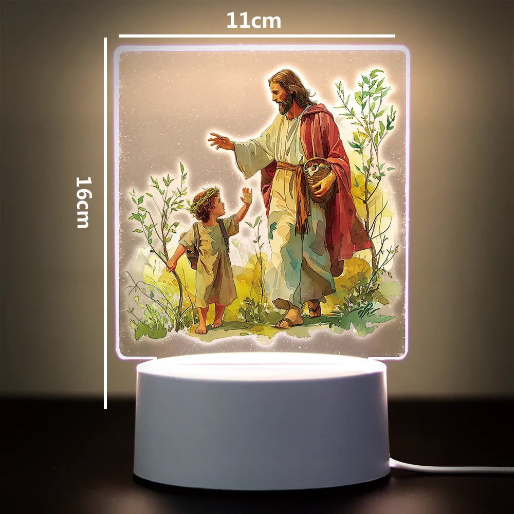 A 3D LED night light depicting Jesus and a child in a natural setting.