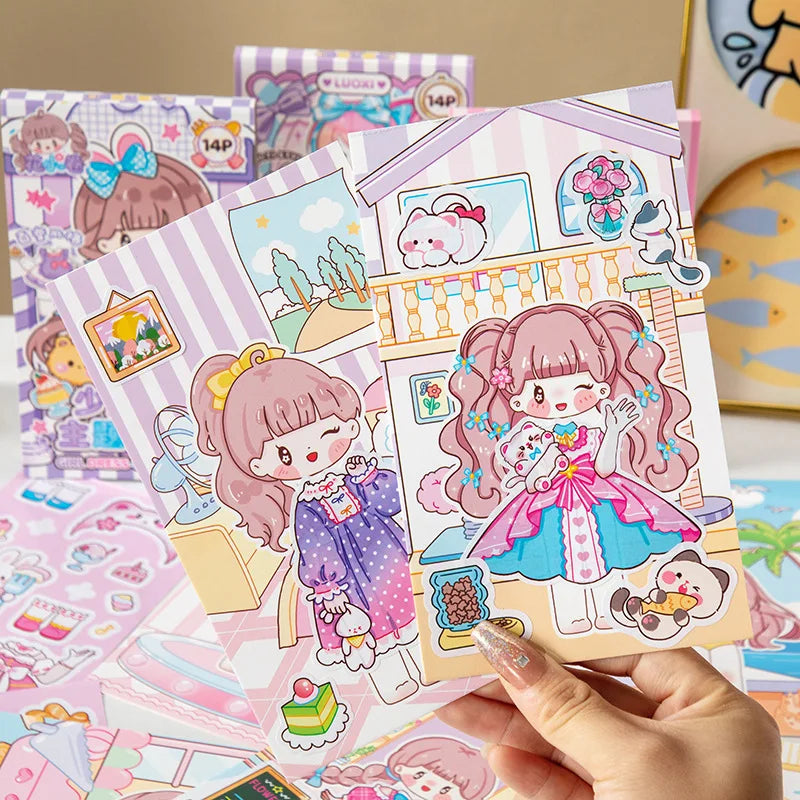 A hand holds a colorful princess dress-up sticker book featuring illustrations of a girl in a pink dress and various decorati