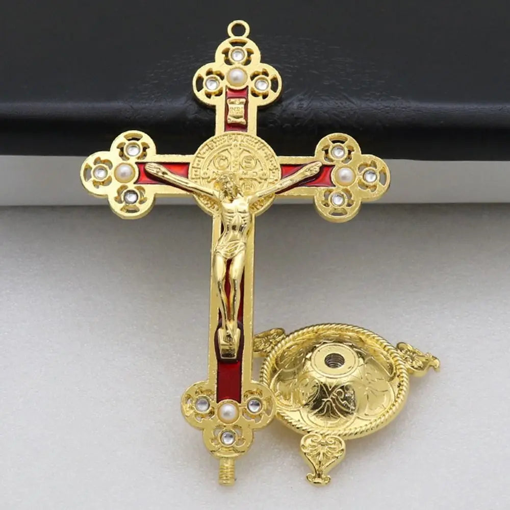 Golden Crucifix Figurine with Enamel Accents