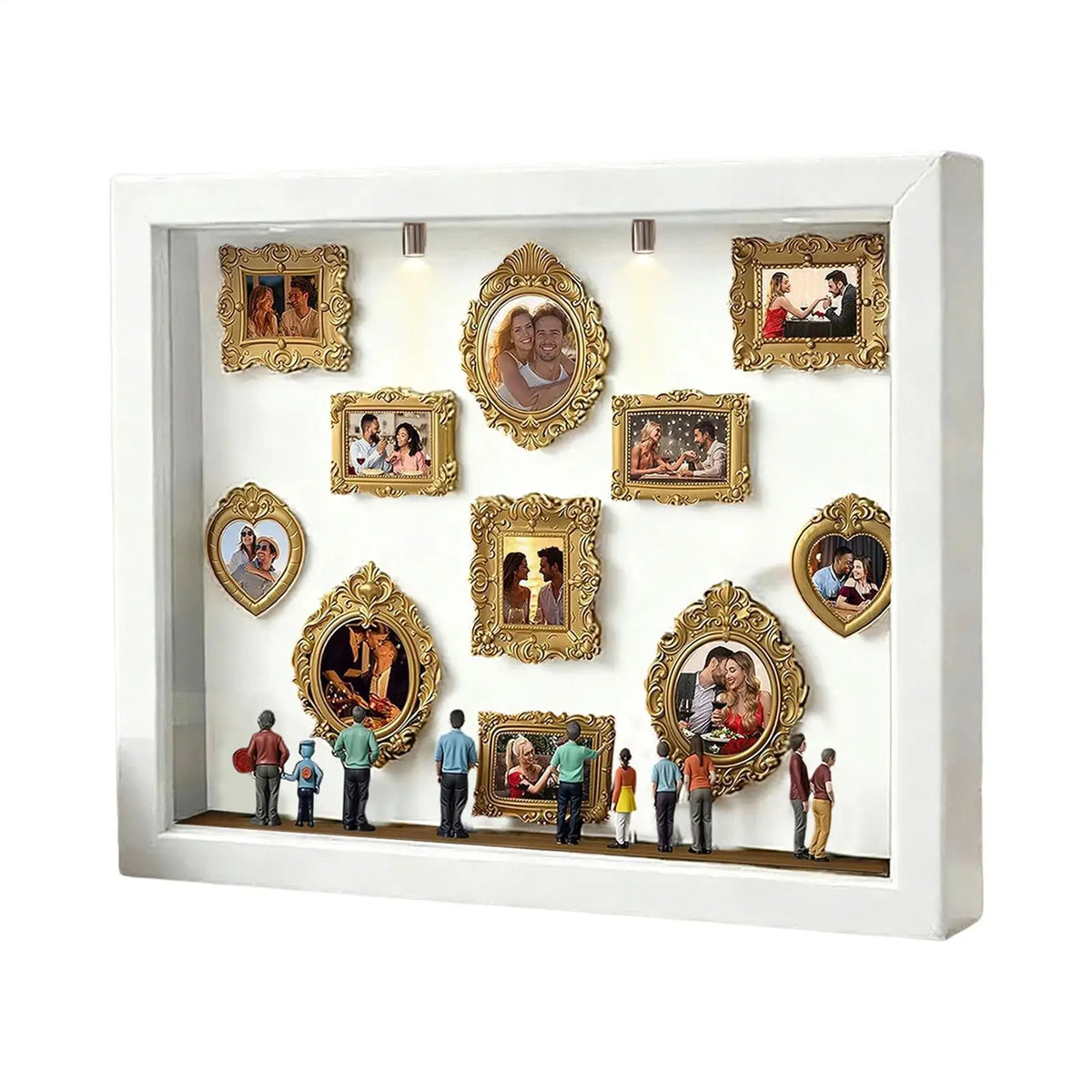 A white frame displaying several gold-edged photo displays with illuminated pictures.