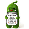 Handcrafted crochet green dinosaur doll with a message card that reads To My Love Out Of Everyone In The World I Pickle You Y