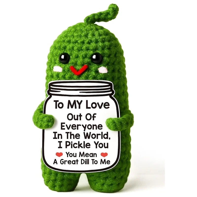 Handcrafted crochet green dinosaur doll with a message card that reads To My Love Out Of Everyone In The World I Pickle You Y