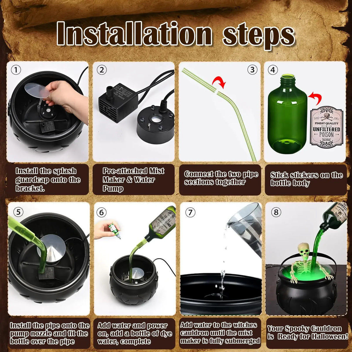 Installation steps for a Halloween witch cauldron with LED light and fog mist device.