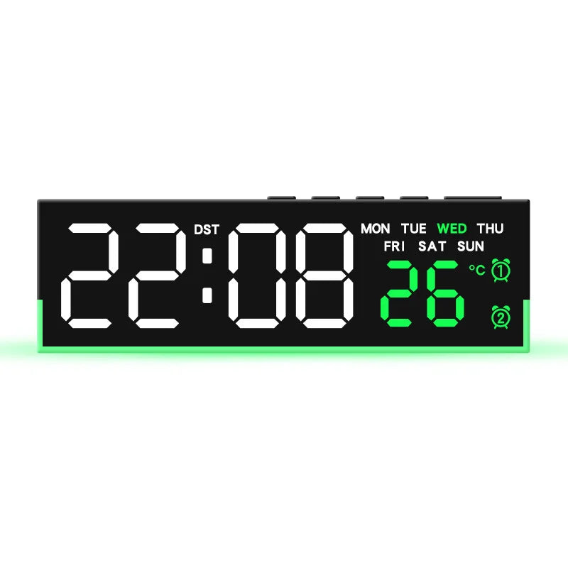 A digital LED alarm clock displaying the time 22:08 and temperature 26 degrees with day of the week indicators.