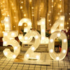 A display of luminous LED alphabet numbers 1520 and 214, illuminated against a warm, bokeh background.