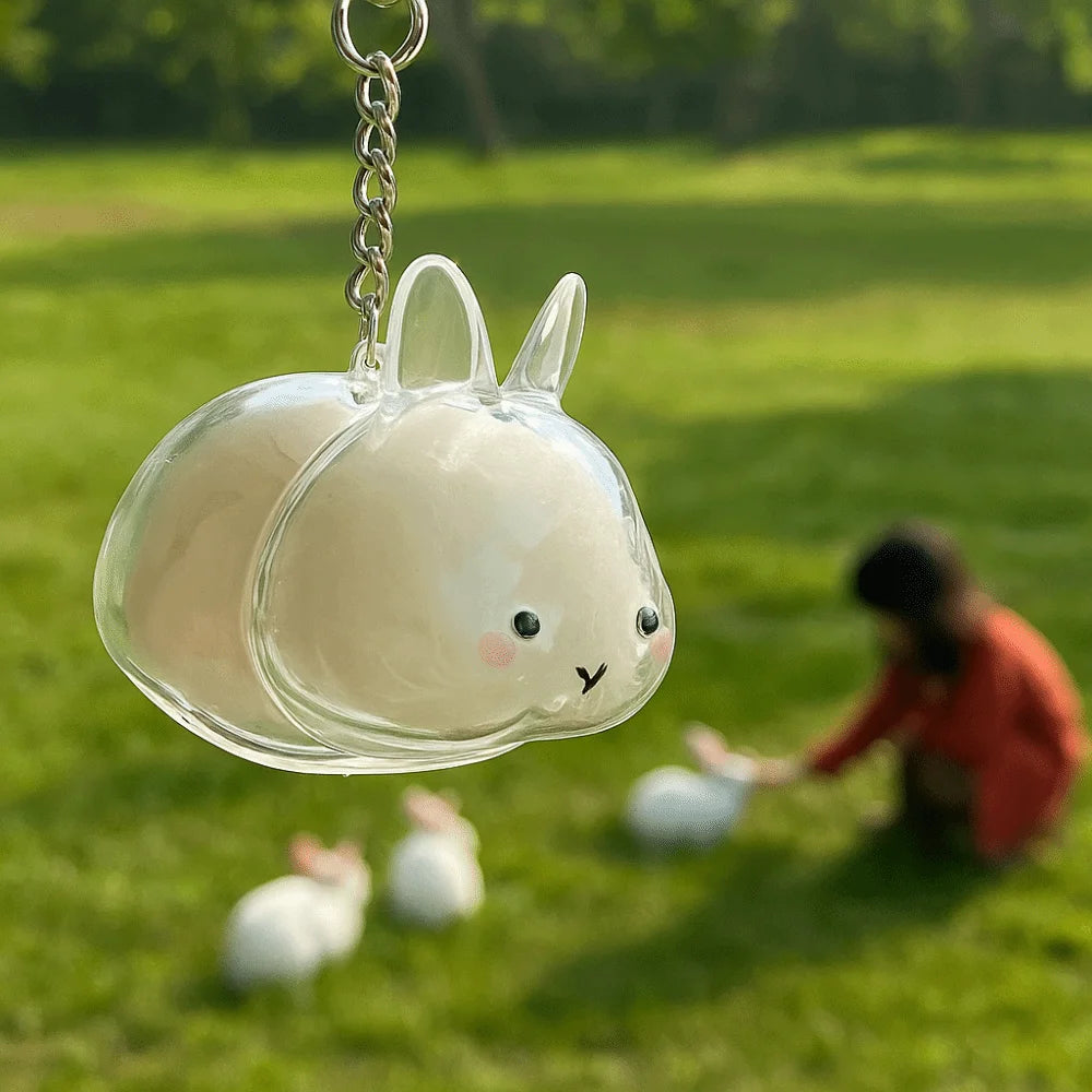 Clear glass rabbit charm hanging from a silver chain resting on green grass.