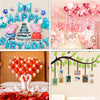 Collage de decoraciones de globos con temas de cumpleaños felices, globos rosa y azul y formas de corazón.