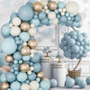 A blue and white balloon garland arch kit featuring various sized balloons arranged in a vertical display.