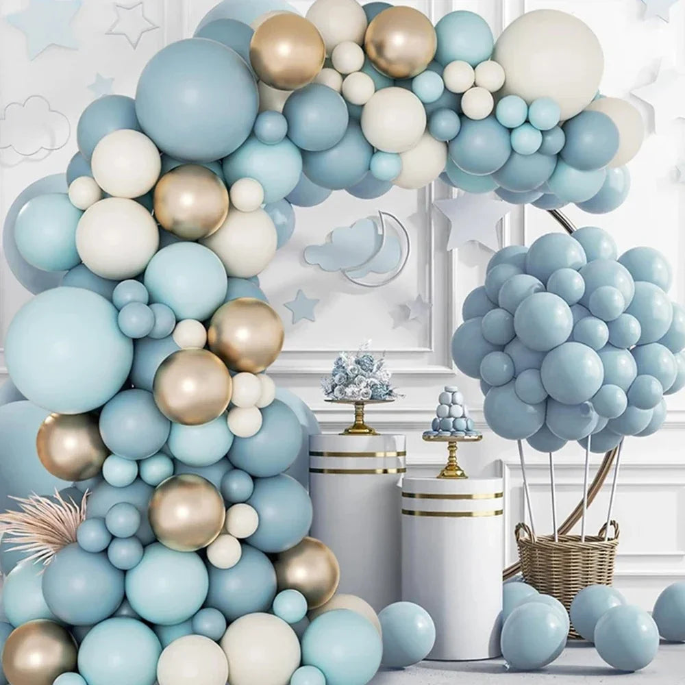 A blue and white balloon garland arch kit featuring various sized balloons arranged in a vertical display.