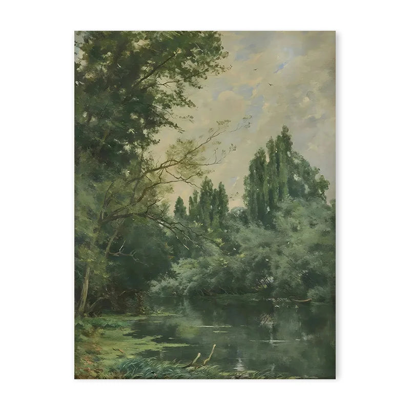 A painting depicting a serene landscape with trees, water, and soft light.