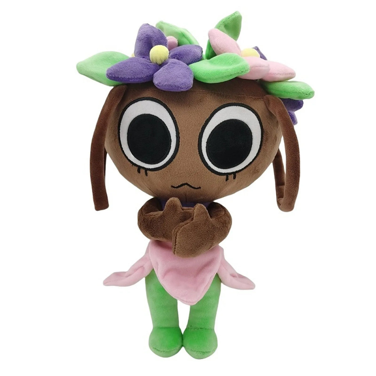 A plush toy resembling a stylized animal face with purple and green floral accents and pink clothing.