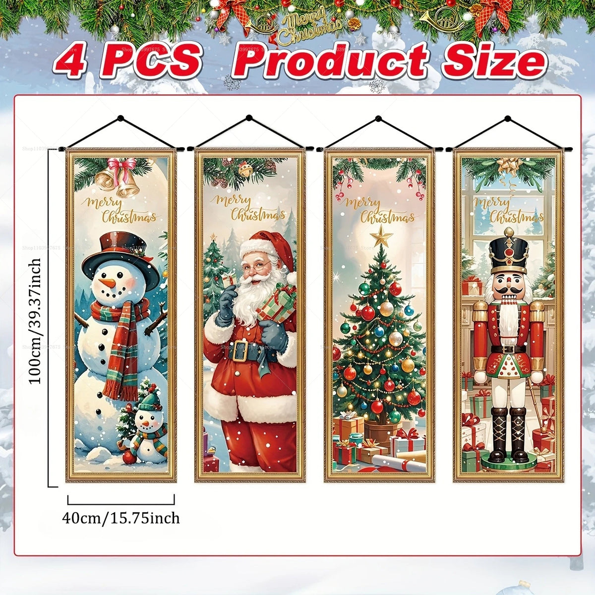 Four vintage Christmas porch hanging banners featuring Santa, a snowman, and festive holiday designs.