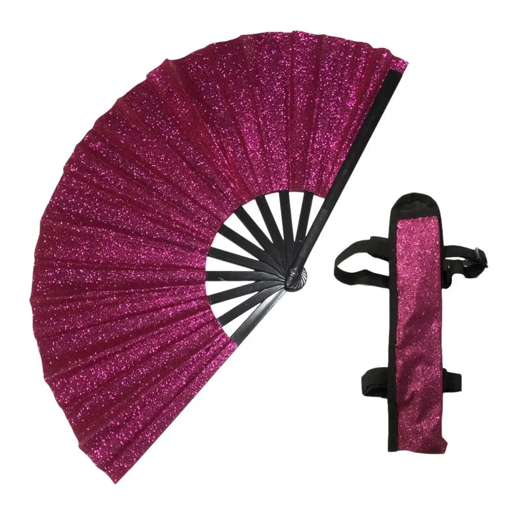 A vibrant magenta glitter holographic hand fan spread open.