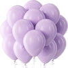 A cluster of light purple latex balloons, some heart-shaped, floating against a white background.