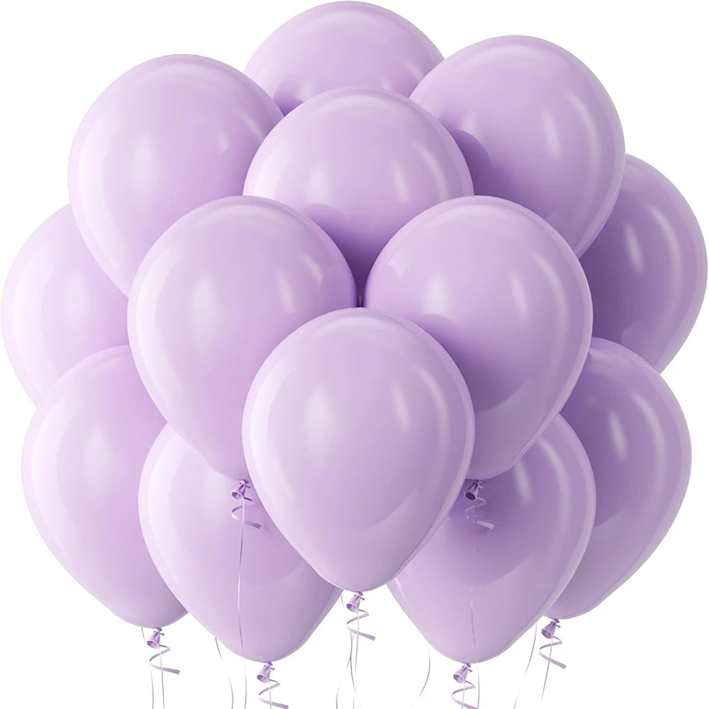 A cluster of light purple latex balloons, some heart-shaped, floating against a white background.