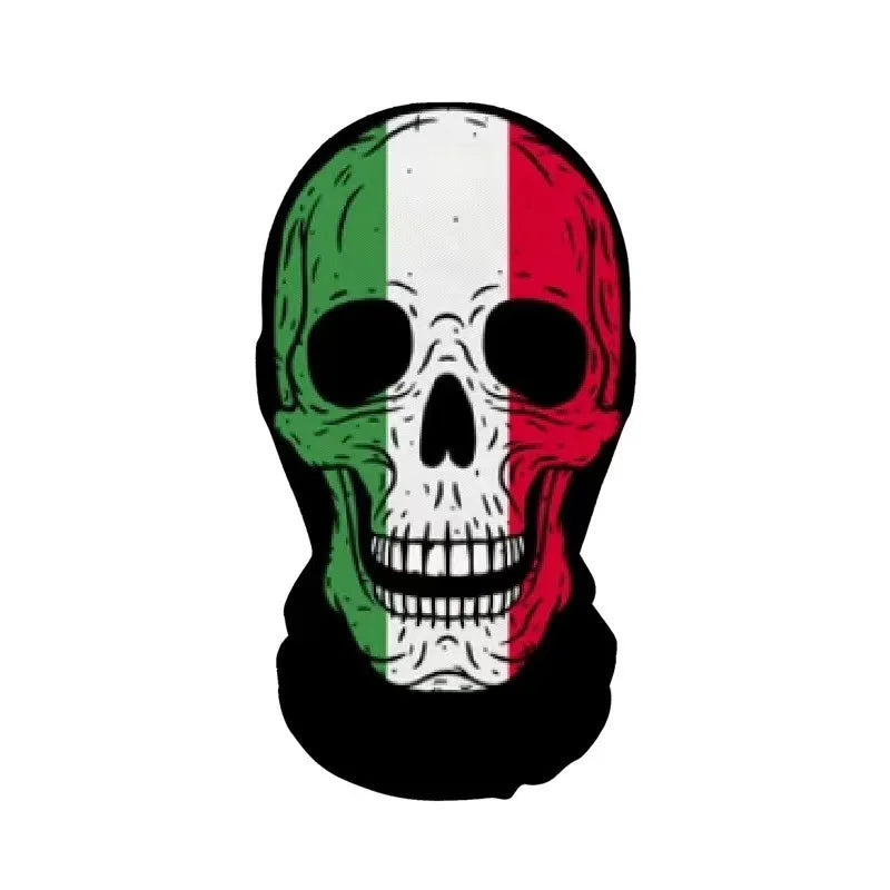 A skull face mask design featuring the colors of the Italian flag, green, white, and red.