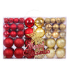 A box containing a set of 102 Christmas ornaments in red and gold colors with a star tree topper.
