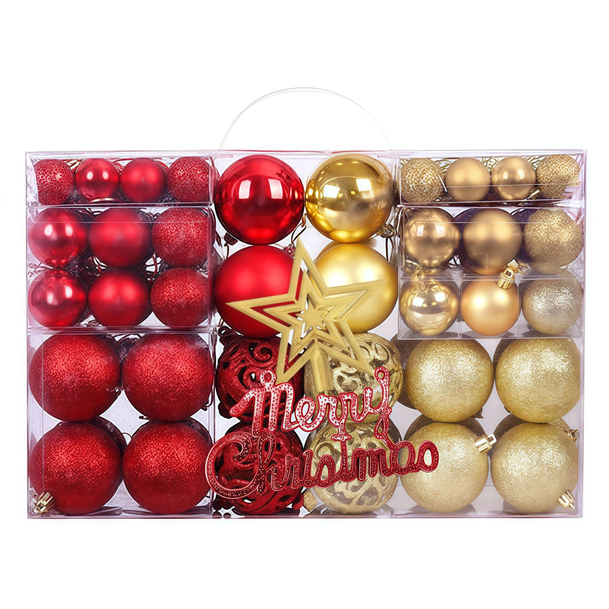 A box containing a set of 102 Christmas ornaments in red and gold colors with a star tree topper.