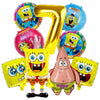 A set of nine foil balloons featuring characters from SpongeBob SquarePants including a large number seven and various charac