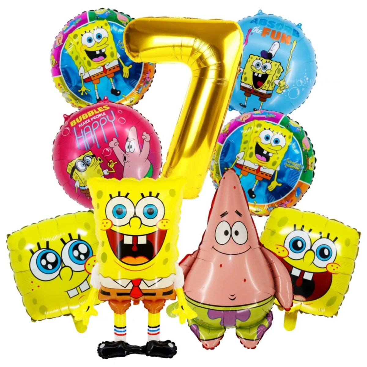 A set of nine foil balloons featuring characters from SpongeBob SquarePants including a large number seven and various charac