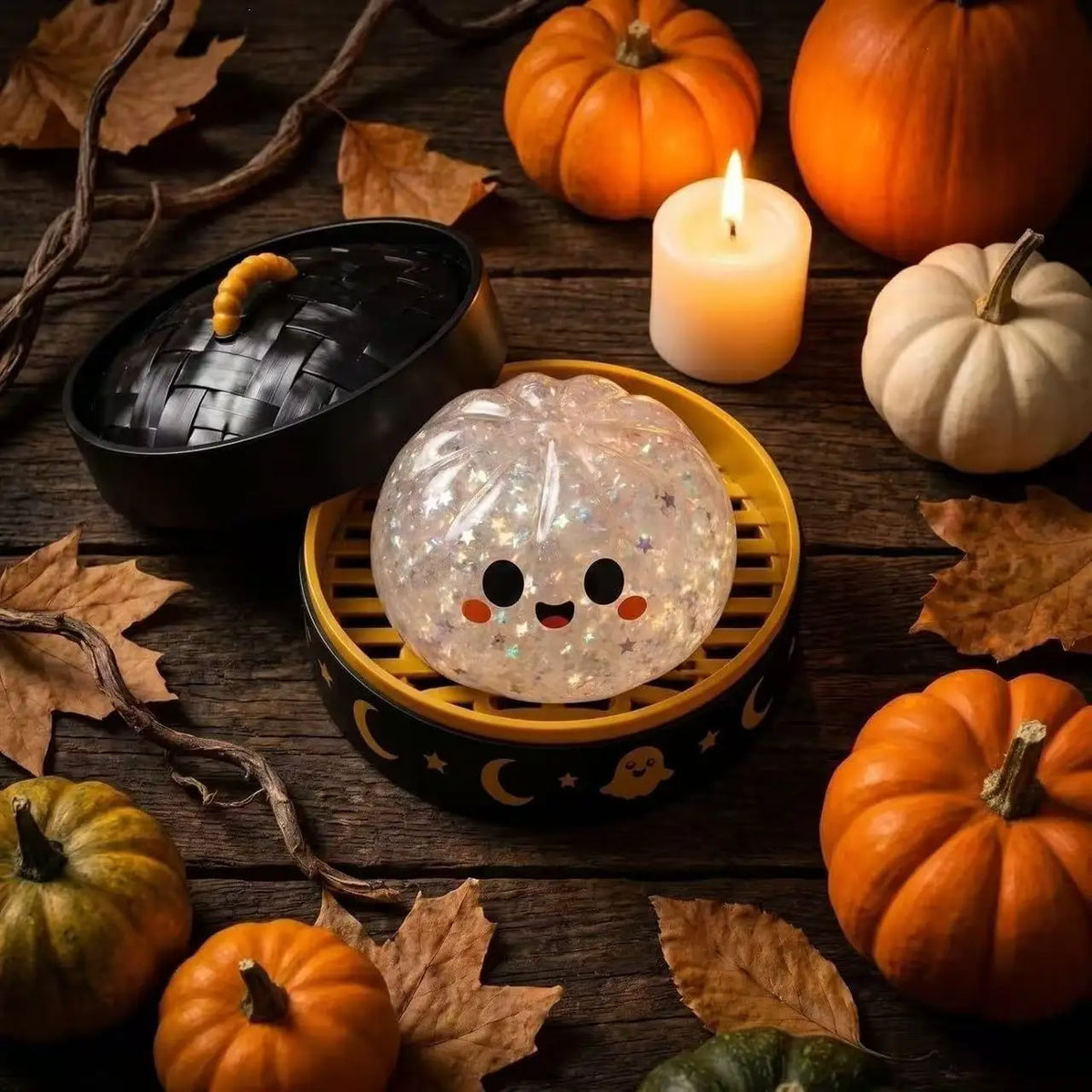 A glowing ghost dumpling toy sits in a dark bowl surrounded by autumn leaves and pumpkins.