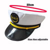 A white captain's hat with a black band featuring gold embroidery and a black visor.