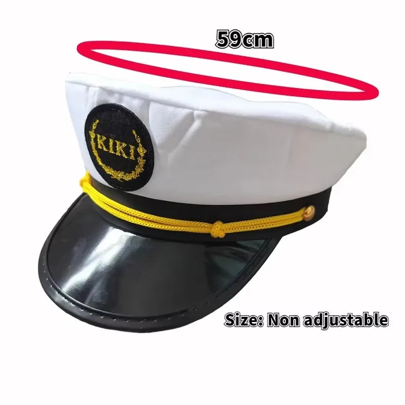A white captain's hat with a black band featuring gold embroidery and a black visor.