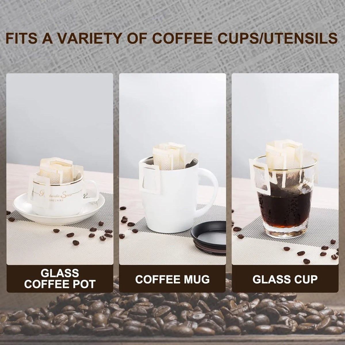 White disposable hanging ear coffee filter bags for pour-over brewing shown with a coffee pot, mug, and glass cup.