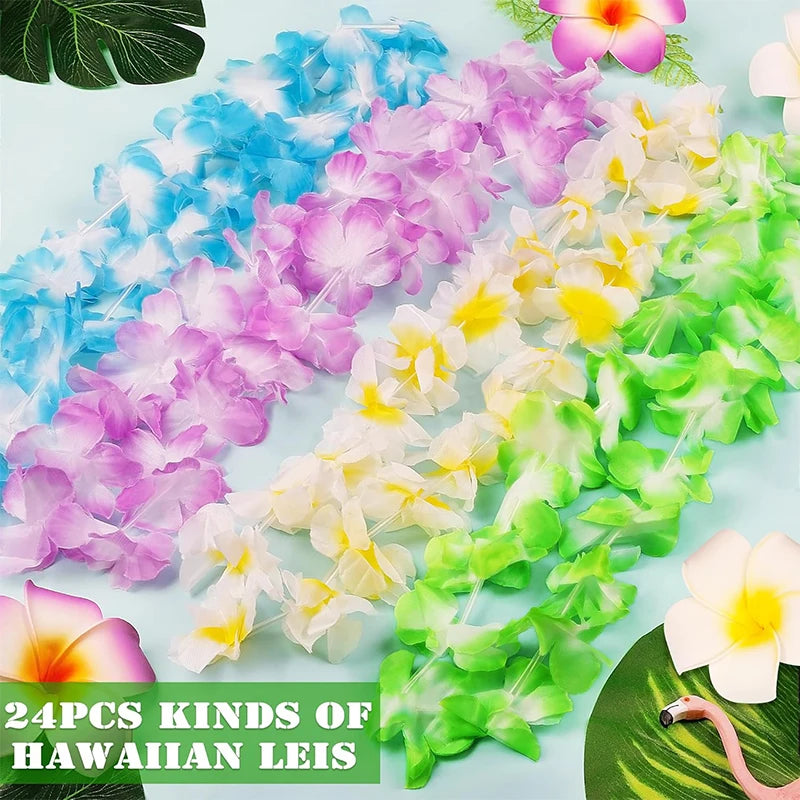 A collection of 24 pieces of colorful Hawaiian leis featuring pink, purple, yellow, and green tropical flowers.