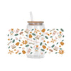 A glass jar filled with decorative stickers and dried botanicals, featuring a straw lid.