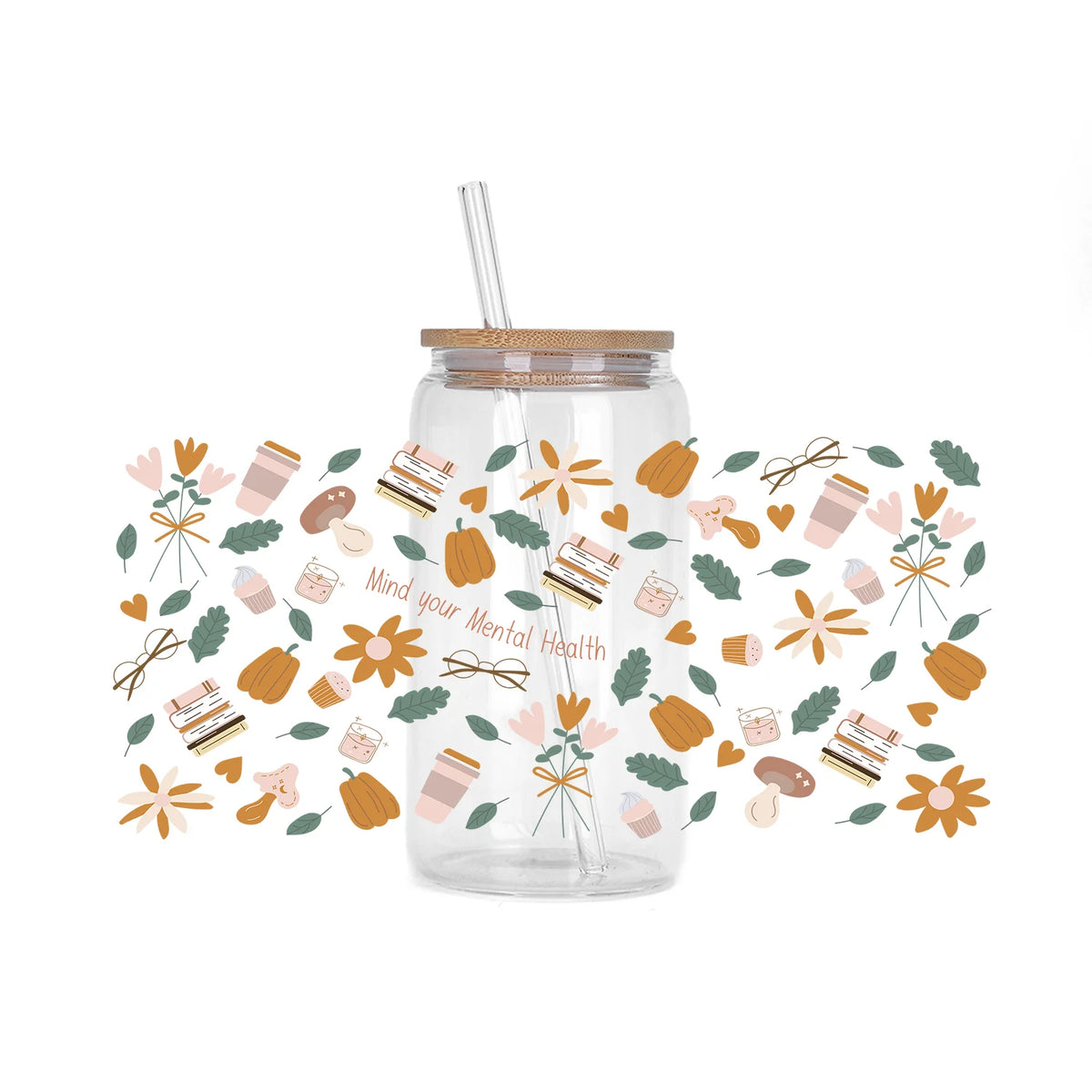 A glass jar filled with decorative stickers and dried botanicals, featuring a straw lid.